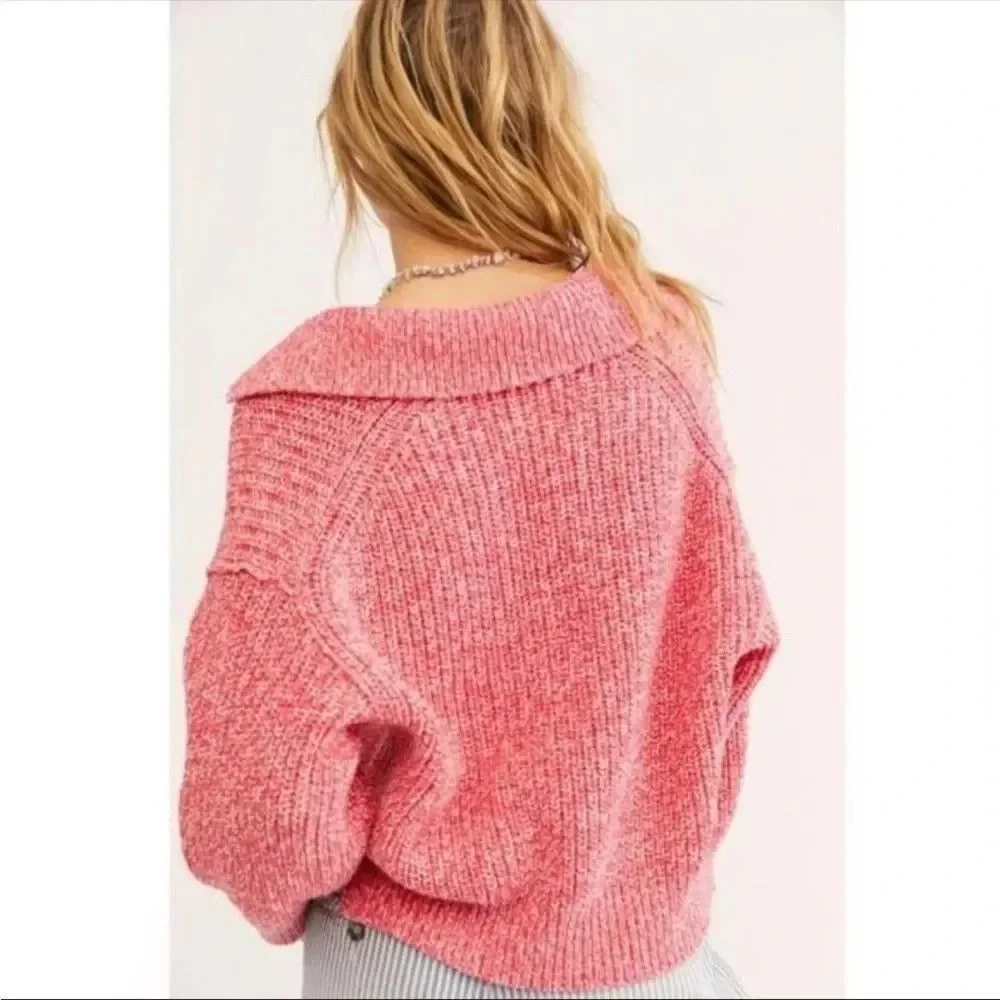 Free People Love This City Collared V-Neck Pink Knit Sweater Size XS